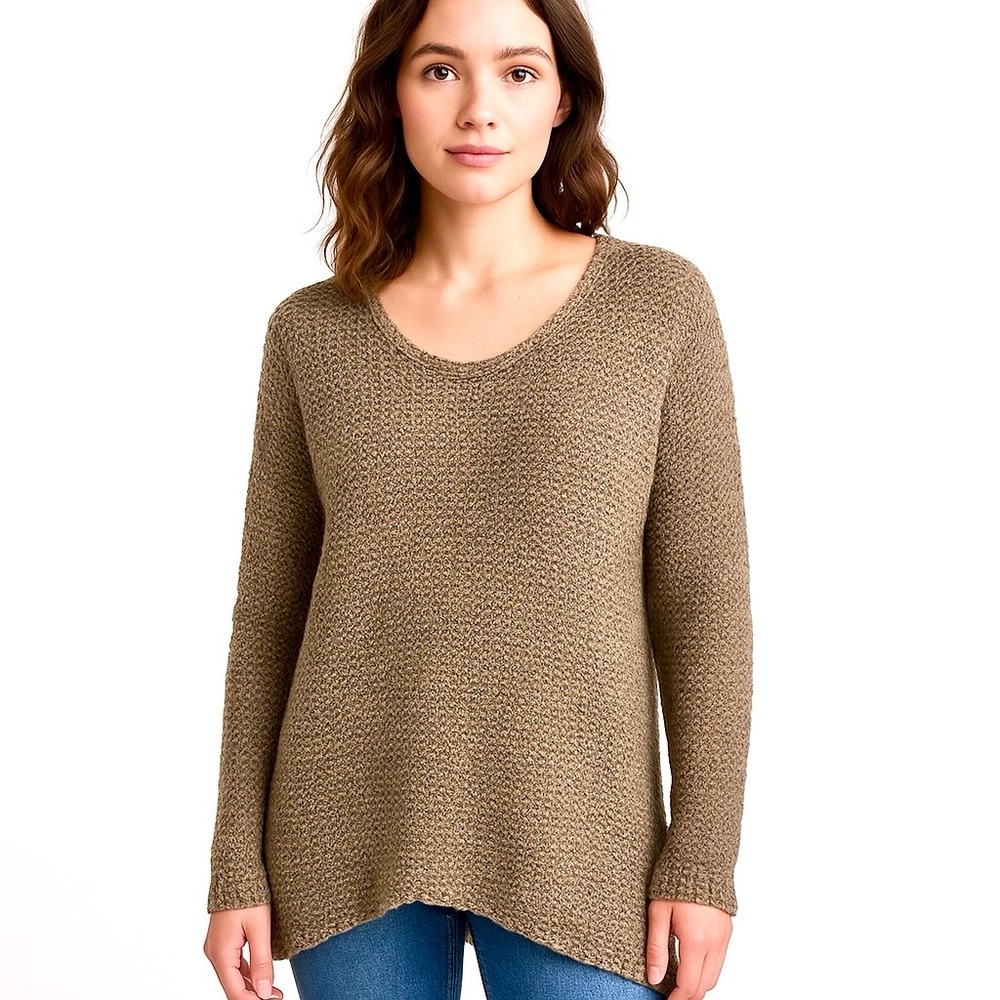 Pure Jill J. Jill Tan Tweed Open Knit Curved Hem Sweater Size Medium Petite